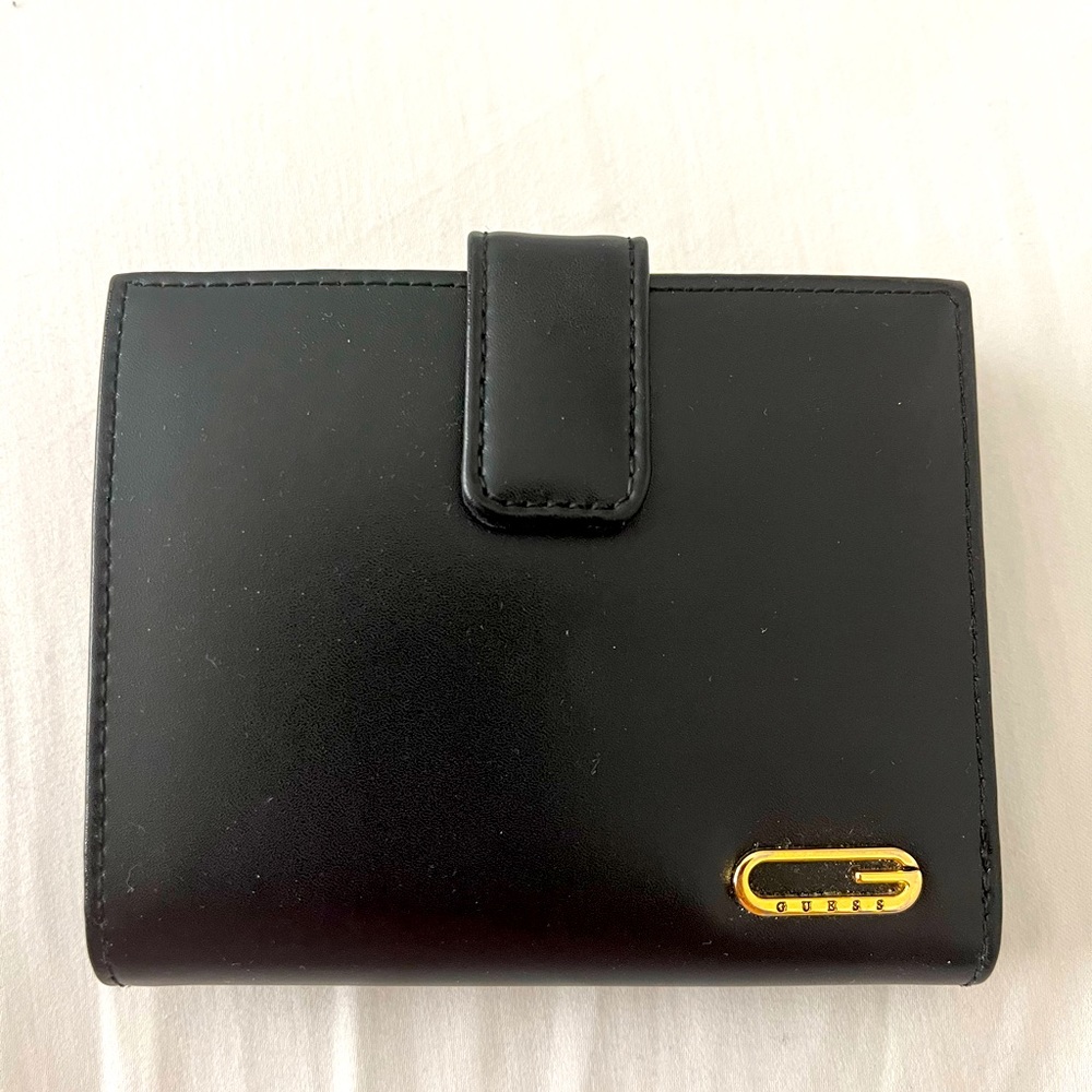 Guess Wallet, new, black with gold, 3 card holder, coin holder.
